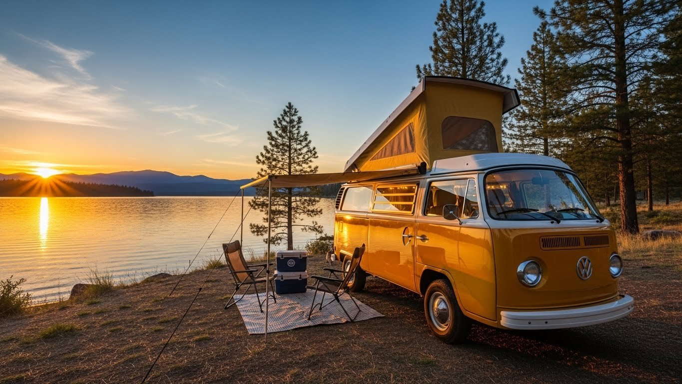 Volkswagen Mini van frente a rio en atardecer